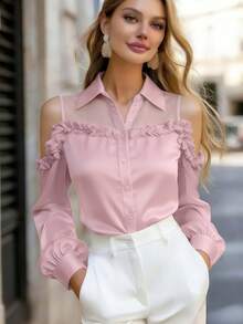 Women's Satin Shirt, Long-Sleeve Button-Up Shirt With Collar, Non-Stretch Regular Fit, Suitable For Summer, Spring, And Autumn - Baby Pink - View 1