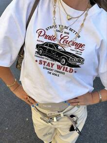 Maglietta estiva da donna, nuova, semplice, con stampa slogan, stile casual vacanziero, vestibilità morbida, girocollo, maniche corte, bianca, adatta per uso quotidiano e vacanze - Bianco - Visualizzare 9