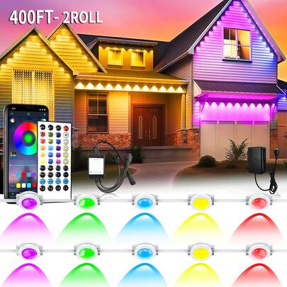 400FT Permanent Outdoor Lights For House,Waterproof Smart RGB LED Eaves Lights,Permanent Outdoor Lights With App/Remote Control,Music Synchronisation,For House,Halloween,Roof,Christmas Decorations