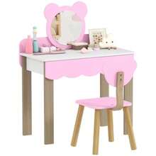 Children's Dressing Table Set With Stool, Makeup Mirror, Bear Shape, Drawer, MDF, Pink