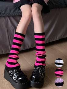 1/3 双 Y2K 辣妹黑色条纹渔网腿套 | 显瘦厚实袜子，春秋季百搭 - 彩色 - 查看 1