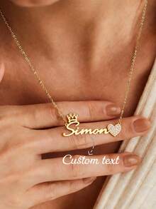 定制款白色锆石皇冠心形名字项链，不锈钢镀层字母吊坠项链，适合作为送给女性和女孩的礼物 - 款式3-金色 - 查看 1