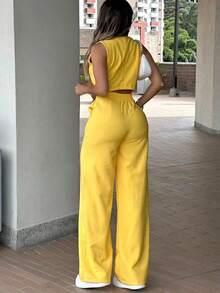 2pcs Women's Minimalist Fashion Casual Set, Front-Buttoned Sleeveless Vest And High Waist Button-And-Zipper Pocket Straight-Leg Pants Two Pieces Set, Solid Color - 黃色 - 查看 3