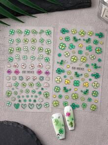 2片装 5D浮雕绿色美甲贴纸 四叶草 爱心花朵 小鸟图案 滑动式节日贴纸 美甲用品及装饰品 - 彩色 - 查看 6