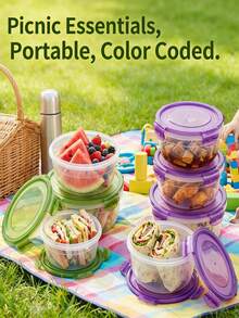 8件套（4个容器+4个盖子）紫色和绿色透明食品外卖盒，厨房储物盒，蔬果保鲜盒，微波炉圆形午餐盒，适用于食堂、露营、野餐，塑料材质，可存放肉类、海鲜、韩式泡菜、水果、面包、便当盒和午餐盒，旅行外卖食品容器，食品储物容器，也是理想的圣诞礼物之选。 - 彩色 - 查看 8