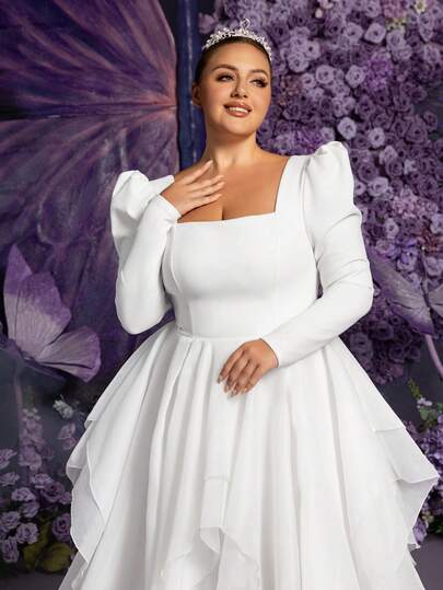 Faeriesty Plus Size Women's White Wedding Dress - Elegant Square Neckline, Puff Sleeves, Layered Ruffle Hem, Suitable For Wedding Ceremony, Wedding Reception, Formal Gala, Ball And Other Occasions