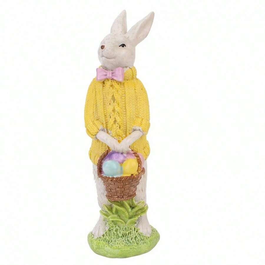 Adorable Resin Bunny Figurines With Egg And Basket Cute Rabbit Spring Table Centerpieces - Yellow - View 1