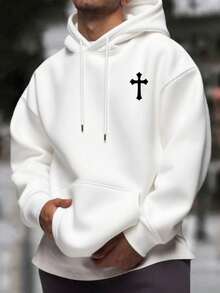 Sudadera Con Capucha Casual Minimalista Con Estampado De Cruz Y Cordón, Con Bolsillo, De Vuelta Al Colegio, Para Otoño E Invierno, Parte Superior De Manga Larga Para Hombres - trắng - Xem 4