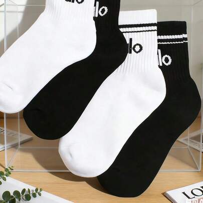 8 Pairs Minimalist Letter Print Mid-Calf Socks, Soft Versatile Sports & Casual Socks, Suitable For Daily Wear