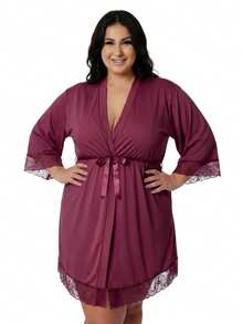 Women's Plus Size Robe In Romantic With Lace Detail And Satin Bow, Luxury, Comfortable, Wine - Burgundy - View 1