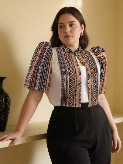 Plus Size Women's Elegant Modern Filipino Traditional Lightweight Puff Sleeve Jacket