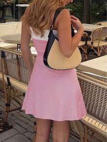 Kami Co. Summer Lightweight Mini Dress, Contrast Color Trim Bodycon Mini Dress, Elegant Black & White Strapless Fitted Party Cocktail Dress - Baby Pink - View 3