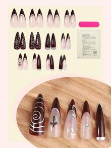 24片法式杏仁形美甲贴纸，3D银线艺术尖头装饰十字设计朋克机械Y2K风格，表面光滑，全覆盖假指甲，适合女性和女孩日常佩戴的美甲用品 - 酒紅色 - 查看 2