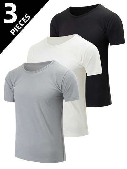 3pcs/Set Teen Boys' Solid Color Short Sleeve T-Shirts, Casual Outdoor Sports Running Tops, Lightweight Summer Wear