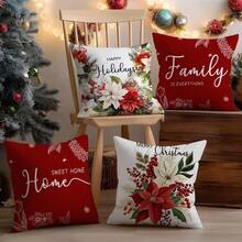 4pcs Christmas Vintage Poinsettia Wreath Throw Pillow Cover Set, Single-Sided Printed Peach Velvet Polyester Material, 45*45/50*50/40*40CM Cushion Cover Suitable For Room Decor, Modern Minimalist Sofa Living Room Decor, Gift, Party Decoration - 多色-1 - 查看 4