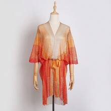 长款闪亮金色网纱沙滩围巾，多功能轻薄比基尼罩衫，时尚渐变流苏披肩，度假必备 - 彩色 - 查看 11