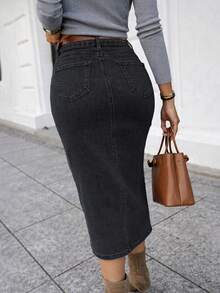 女款高腰牛仔裙，单排扣前开衩紧身弹力牛仔裙