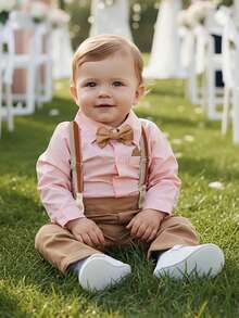 BOARNSEORL 2pcs Young Boys Gentleman Outfit - Collared Shirt With Bow Tie And Suspender Pants, Fashionable And Stylish For Birthday Party, Wedding, Banquet - Khaki - View 1