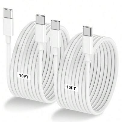 1 pieza/2 unidades Cable USB C a USB C de 10 pies (3 m) 60W, Cable tipo C a tipo C, Cable de carga rápida para iPhone Air 17 16e 16 15 Pro Plus Pro Max, para Galaxy S25/S24, para iPad Pro/Air/Mini, para MacBook Pro/Air y talla grande