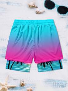 Men's Summer Vacation Palm Tree Print Drawstring Waist Casual Beach Double Layer Shorts - Multicolor - View 2