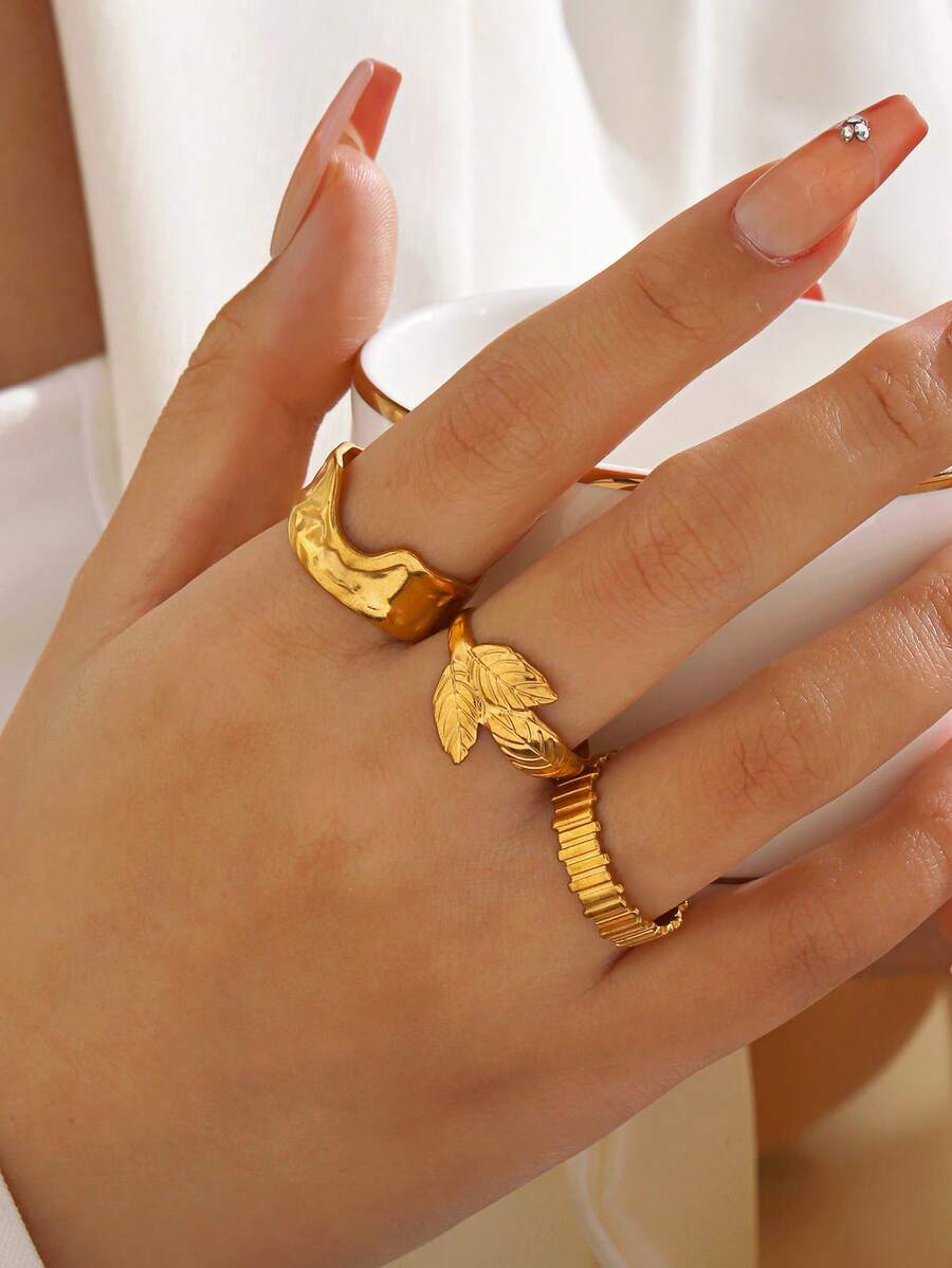 3pcs/Set Stainless Steel 18K Gold Plated Geometric Open Ring, Suitable For Women's Daily Wear