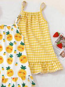 2pcs/Set Toddler Girl Fashionable Casual Red Plaid Cartoon Strawberry Print Sleeveless Dress Suitable For Party, Holiday, Leisure, Outing, Home Wear, Summer - Yellow - View 4