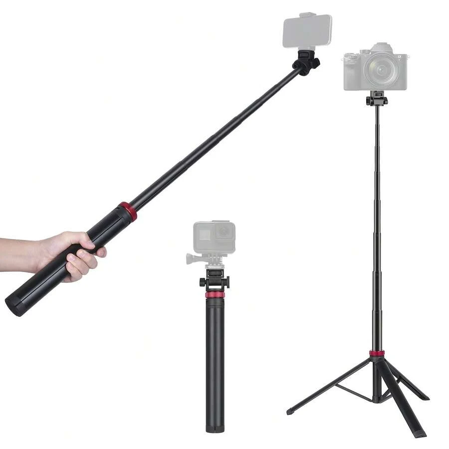 三合一可伸缩三脚架自拍杆，带COB补光灯 | 360°球形云台、冷靴接口和1/4英寸螺丝，兼容手机、相机和网络摄像头 | 便携式多功能摄影摄像支架 | 铝合金材质，Eonix品牌 - 手提式伸縮三腳架 - 查看 1