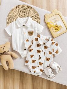 3件套夏季新款男婴POLO领胸袋小熊格子印花短袖连体衣套装 - 彩色 - 查看 2