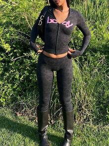 2 Piece Sets Women  Winter Clothes For Women Two Piece Sets New Style EuroBoutique Sexy Fashion Daily Letterprint Hooded Long-Sleeved Sweater Pants Set - 黑色 - 查看 1