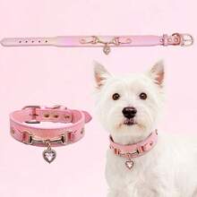 Läderhalsband för hundar med hjärtformat kristallhänge, lämpligt för små hundar, katter och hundar. Sött halsband för husdjur med glänsande kristallhänge - Rosa - Visa 5