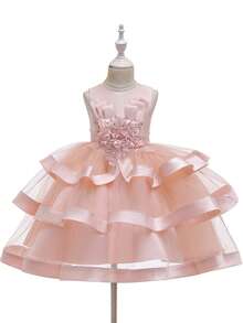 Girls' Floral Pink Layered Cake Tulle Princess Dress, Flower Girl Wedding Party Birthday Pageant Gown (Please Refer To The Size Chart In The Details To Select The Appropriate Size) - Pink - View 4