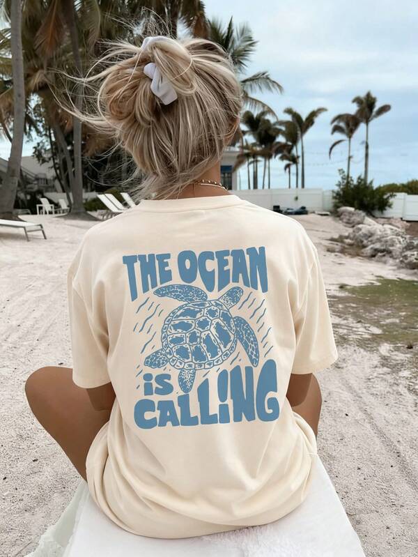 Women's Summer Vacation Ocean Creature & Letter Print Round Neck T-Shirt, Graphic Tee, Available In White, Black, Pink