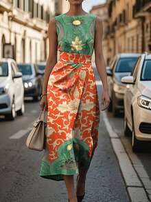 Colorblock Sleeveless Fitted Waist Midi Dress, Dresses For Women Vestidos Elegantes De Mujer - 彩色 - 查看 2
