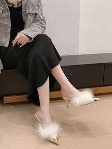 2026新款尖头金属羽毛装饰高跟鞋，性感优雅的女士派对鞋 - 米色 - 查看 4