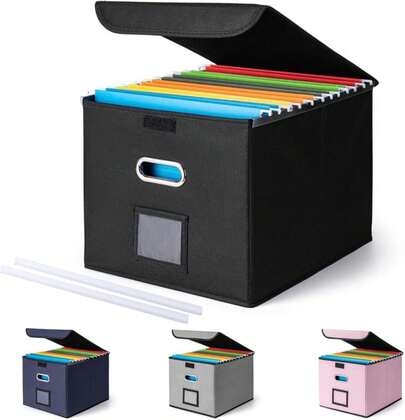 CADONO File Organizer Box With Lid, Large Hanging File Folder Organizer With Plastic Slide, Collapsible Portable Filing Storage Boxes For Office_Decor_Home (Black, 149 X 1259 X 108 Inch)