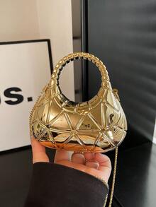 1pc Shiny Mini Bag, Fashion Glitter Ladies Handbag, Rhombus Pattern Evening Bag, Personalized Gold Women's Wallet, Earphone Mini Pouch, Can Hold Keys, Mini Bag, Ladies Bag, Cute Bag, With Detachable Strap Crossbody Chain Clutch - Gold - View 2