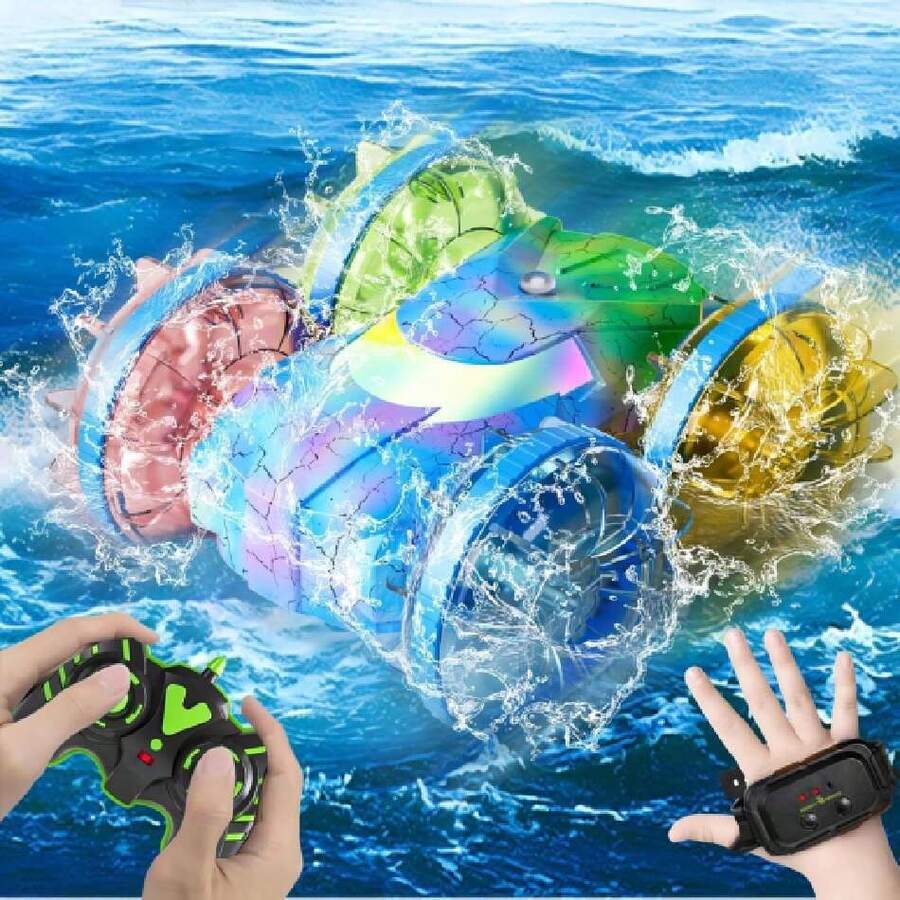 Coche Control Remoto, Coche Teledirigido Anfibio con Luces, Amphibious RC Car, Sensor de Gestuo 2,4 GHz Impermeables, 4WD 360 ° Roating All Terrain Stunt Juguete para niños de 6-12 años (Azul),37368129 - Lila Púrpura - Ver 1