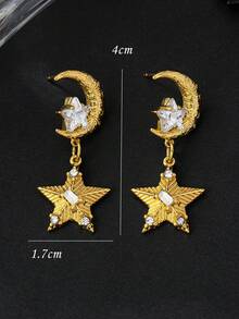 1 Pair Star & Moon Earrings, Unique Niche Design, Elegant Luxury Aesthetic, Suitable For Eid Festival, Cute & Delicate Earrings - Yellow Gold - View 2