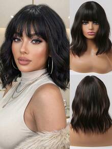 2026新款网红同款刘海黑色棕色假发，采用高温丝材质，搭扣网帽设计，完美适用于日常休闲和角色扮演，耐热，时尚有型 - 黑棕色 - 查看 2