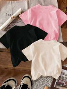 Set de 3 camisetas de manga corta con cuello redondo y estampado casual para niñas y estudiantes adolescentes, verano - Hueso - Ver 2