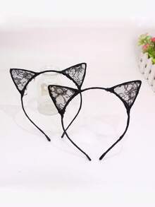 2pcs Lace Cat Ear Headband, Cute & Sexy Cat Ear Shaped Headpiece For Parties, Cosplay - Black - View 3