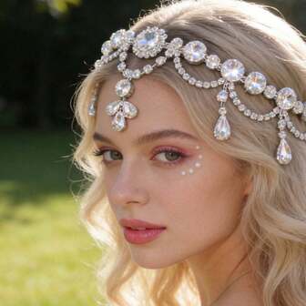 Cerchietto da sposa in cristallo di vetro con nappe, stile elegante; Fascia per la fronte con gocce d'acqua, stile europeo e americano