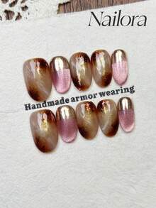 10pcs Handmade Nails Oval Nails Acrylic Press On Nails Short, Minimalism Pink Brown Gradient Nails, Flashy Glossy Cateye, Glitter Powder Irregular Gold Foil, Chrome Nail Powder Mirror Nail Art, Simple Elegant Luxury Winter Nails, Minimalist Aesthetic Fall Press On Nail, Versatile Nails DIY False Nail Art Party Daily & Dating Suitable Use In Work Setting Reusable, For Women & Girls As Gift Nail Supplies - Multicolor - View 1