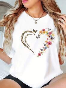 Plus Size - Plus Size - Fashion Plus Size Short Sleeve T-Shirt |   Elegant Crew Neck, Comfortable All-Season Fabric With Heart Design And Applique Details - 白色 3 - 查看 9