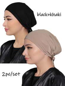 1pc/2pcs/3pcs Women's Elastic Tie-Back Solid Color Basic Hijab Caps, Modal Hijab Caps, Adjustable Jersey Wraps,Suitable Hijabi - Multicolor - View 2