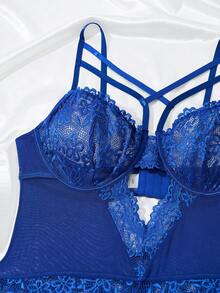 大码女式撞色蕾丝镂空性感吊带背心 - 藍色 - 查看 4