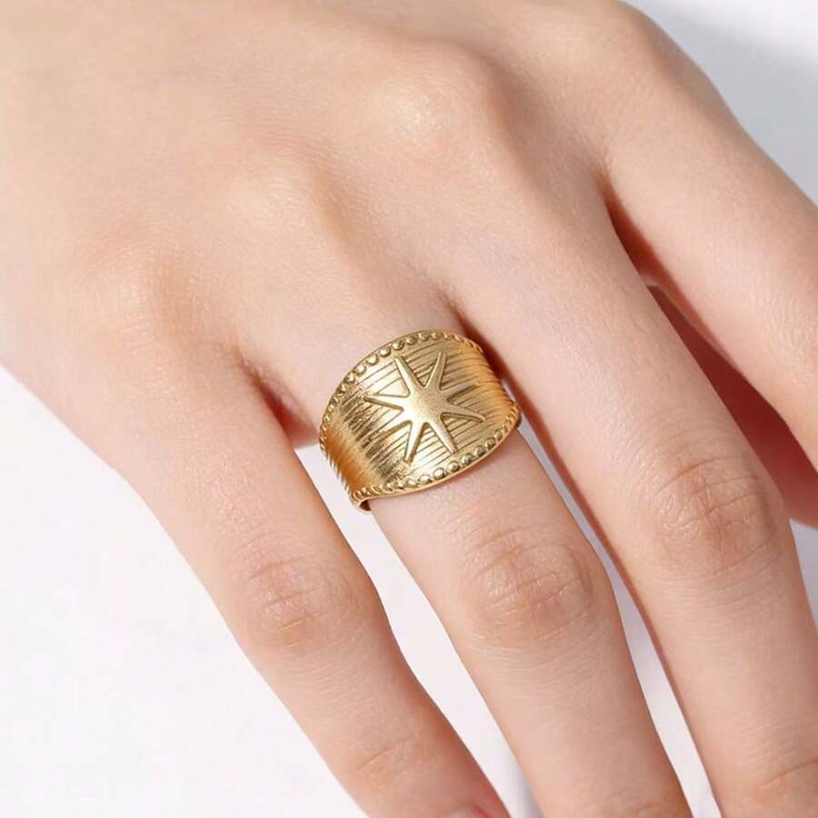 COINBUFF 1pc Fashionable Wide Band Embossed Star Stainless Steel Gold Plated Non-Fading Ring, Suitable For Daily Wear And Holiday Gifts - As Shown - View 1
