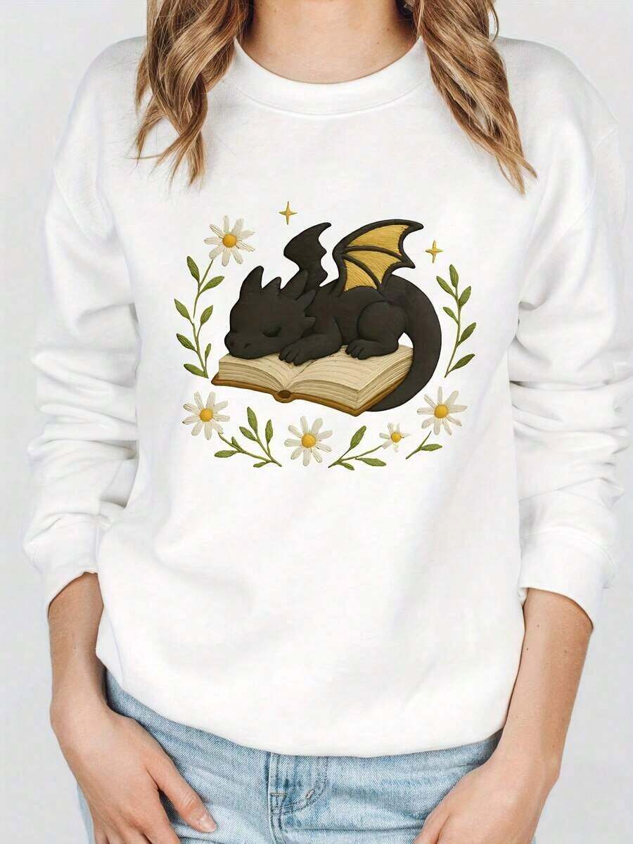 1 PcsWomen'S Black Fantasy Dragon On Book Graphic Sweatshirt - Cozy Pullover With Floral & Starry Night Design, Soft Round Neck Long Sleeve Casual Sweater For Book Lovers & Dragon Enthusiasts, Spring/Fall Literary Inspired Apparel, Fall Sweatshirt For Women, Fall Clothe For Women, Women' Sweatshirt, Sweater For Women, Women Fall Clothe - 白色 - 查看 1
