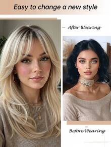 20英寸 Medlum 长发假发，女士渐变金色卷发假发，自然耐热合成假发，适合女性日常居家度假佩戴，带刘海 - 漸變金色 - 查看 2