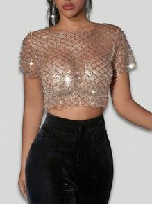 Sedessea Shiny Sequin Pearl Beaded Mesh Sheer Crop Top, Suitable For Braless Parties And Music Festivals - Gold - View 1